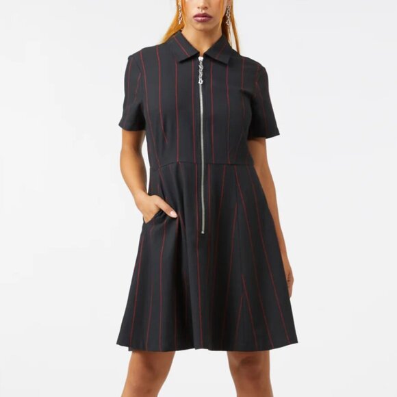 NWT Dangerfield Black and Red Striped, Zippered, A-Line Super Cute Goth Dress - Picture 1 of 13